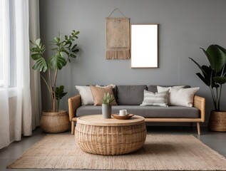 Living room with gray sofa, wicker coffee table, and plants
