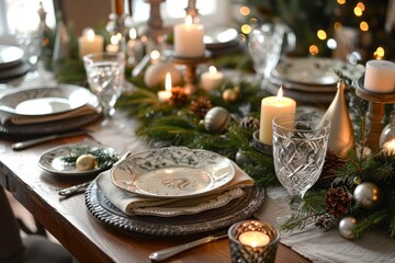 Fototapeta premium A beautifully decorated Christmas table setting with candles, evergreen branches, red and gold ornaments, and a festive tablecloth, warm and inviting 