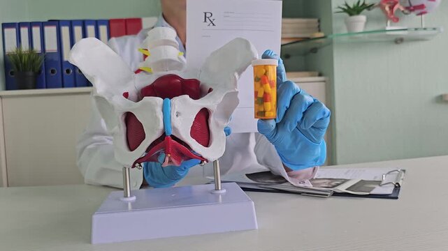 Female pelvis with pills in hands of gynecologist. Treatment of inflammatory diseases of the pelvic organs in women closeup
