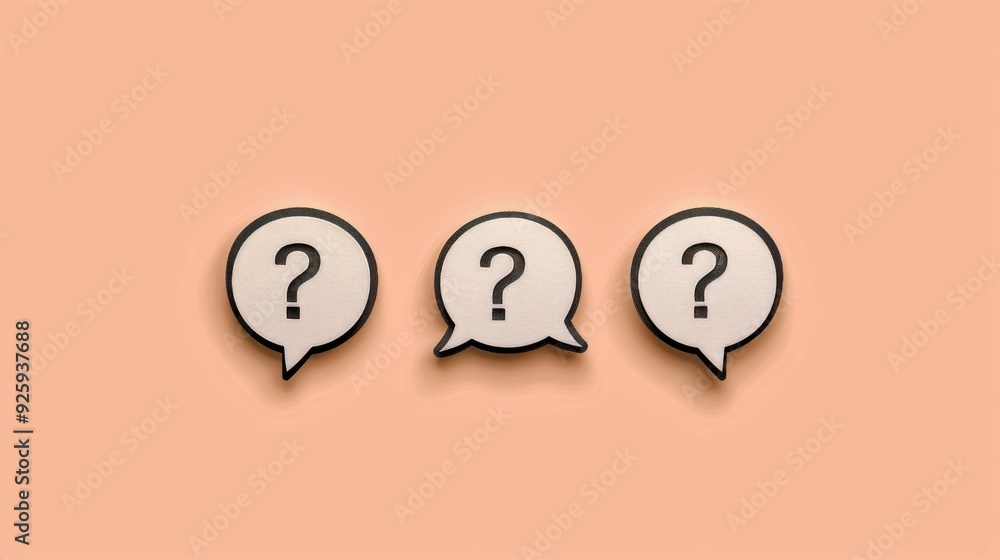 Poster three question marks in speech bubbles symbolizing curiosity and inquiry. a modern and minimalistic 