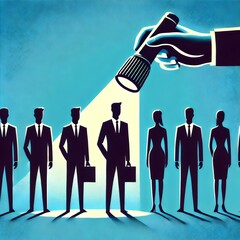 This striking image features a row of business professionals, with one individual highlighted by a large hand holding a flashlight