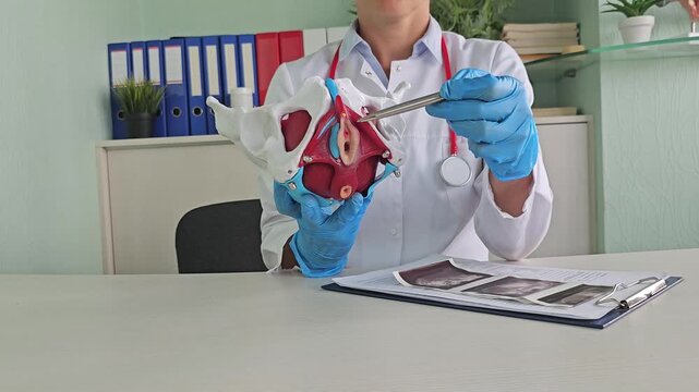 Doctor gynecologist anatomy of hip joint in clinic closeup