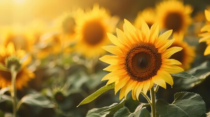 Fototapeta premium Vibrant Sunflower Field at Golden Hour with Warm Sunlight and Blooming Flowers