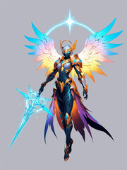 Celestial warrior with glowing wings and spear in a mystical realm