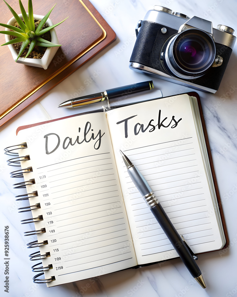 Poster daily tasks: zooming in on pen and notebook with text in clean, minimalistic layout. emphasizing the