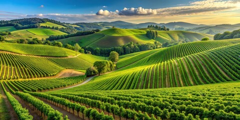 Fototapeta premium Panoramic view of lush green vineyards stretching across the rolling hills , vineyards, panoramic view