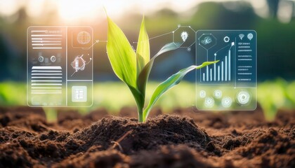 Smart plant growing, growing corn seedling alongside info graphics that emphasize precision agriculture. Generated image