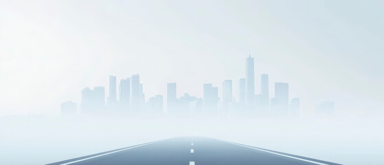 Fototapeta premium Long, straight asphalt road leading towards a distant city skyline in mist on the horizon. Generative AI backdrop with pale, monochromatic color scheme