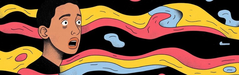 A startled youth faces vivid, swirling colors that induce terror and confusion