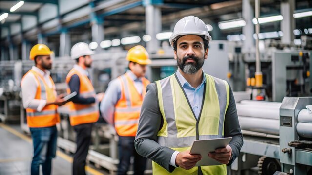 An Indian production manager wearing a safety vest and overseeing production processes in a factory.
