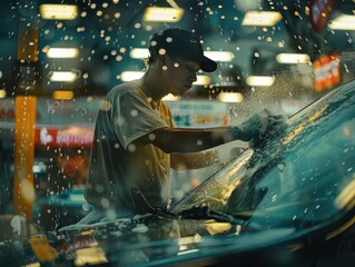 Fototapeta premium Man washing car windshield at night, city lights in background, raindrops on glass, focused on cleaning, urban setting.