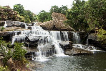 Fototapeta premium View of the steps of the Cascades in the Mahai River in the Drakensberg Mountains of South Africa. 