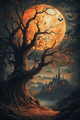 Fototapeta premium halloween background with castle, halloween scene with moon, dead tree, bats, castle