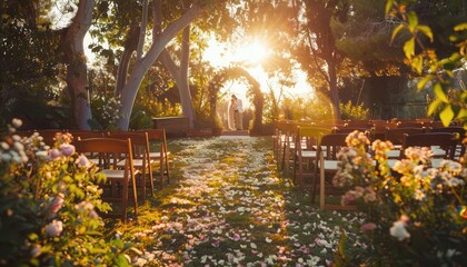 Obraz premium Beautiful outdoor wedding venue with a floral arch, rows of chairs, and sunlight filtering through the trees.