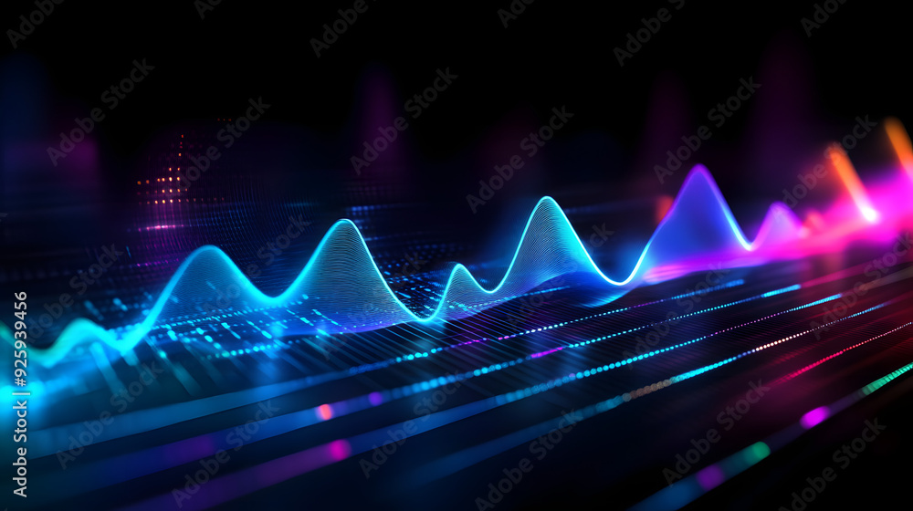 Poster audio soundwave scope signal as an abstract background depicting a sampled music sound wave frequenc