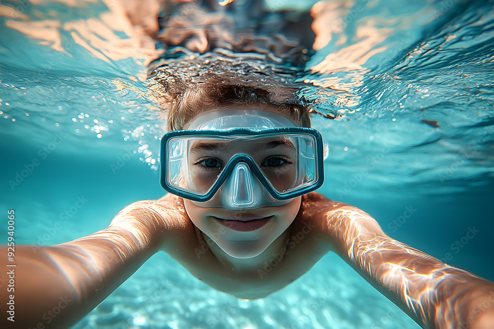 Sticker School boy underwater wearing goggles takes selfie while snorkeling in clear water. Travel adventure and excitement of exploring marine life. Vacation timespending activitity diving snorkeling concept