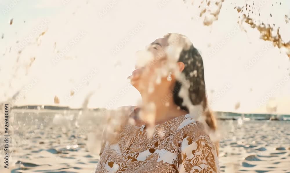 Poster Portrait of a beautiful young woman laughing on the beach at sunset