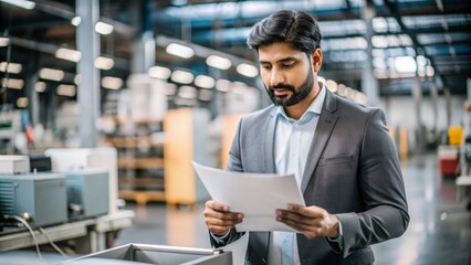An Indian factory manager in an office setting, reviewing production reports and planning strategies.
