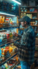 Fototapeta premium Man in flannel shirt shopping in a grocery store aisle filled with various products and beverages under bright lights.