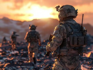 Soldiers patrolling rugged terrain at sunrise, wearing tactical gear and helmets, showcasing military readiness in a harsh environment.