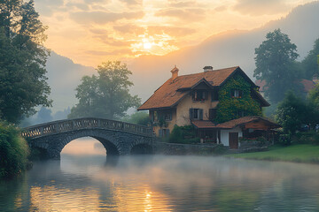 Fototapeta premium Morgenzauber an der alten Brücke: Ein friedliches Schweizer Dorf