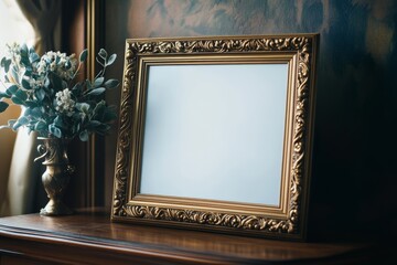 Vintage classic retro style empty photo frame mockup on elegant wooden table at home