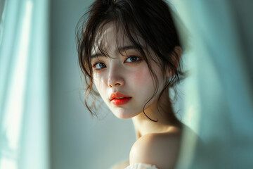 Portrait of a Thoughtful Young Asian Woman in Soft Natural Light, Generated AI