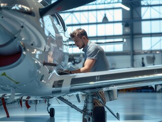 Aircraft mechanic working on small plane in hangar. Aviation maintenance, repairs, and inspection. Precision and technical expertise at work.