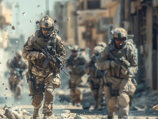 Fototapeta premium A group of soldiers in full combat gear, navigating through a war-torn urban environment during a military operation, ready for action.