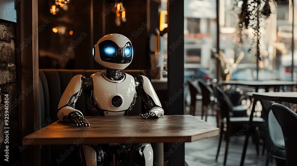 Poster a white robot with blue eyes sits at a wooden table in a cafe with a black leather booth behind it a