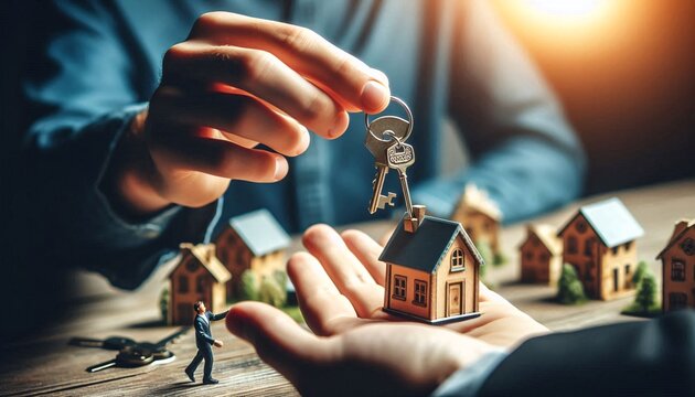 Handovering key with small model house keychain representing home laon concept