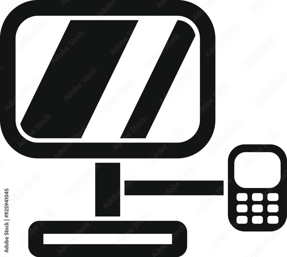 Poster simple vector icon representing a computer connecting to a mobile phone using a cable, symbolizing d