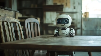 A white robot with blue eyes sits at a wooden table in a room with a blurry background.