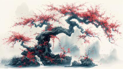 Sumi-e ink painting capturing the serene beauty of a traditional Japanese © pengedarseni