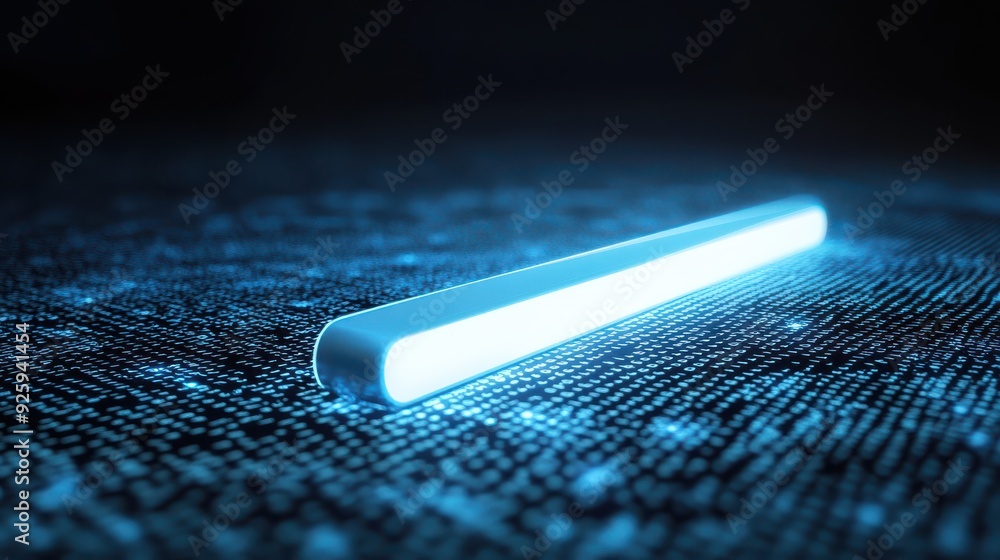 Aufkleber Futuristic glowing blue light bar resting on a digital surface covered in binary code, representing advanced technology and data flow.