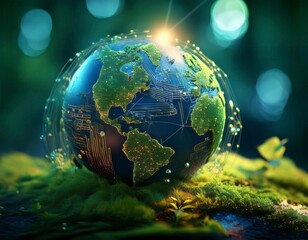 Green earth globe crafted from circuit boards and microchips, on green moss background. Generated image