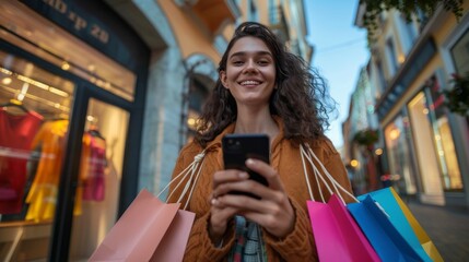 A young woman smiles while browsing her phone, holding colorful shopping bags in a vibrant urban location during golden hour