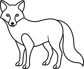An outline illustration of a fox, sitting with its bushy tail wrapped around, drawn with sleek and sharp lines on a white background.