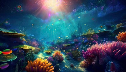 Fototapeta premium underwater scene with coral reef and fishes. Generated image