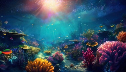 Obraz premium underwater scene with coral reef and fishes. Generated image