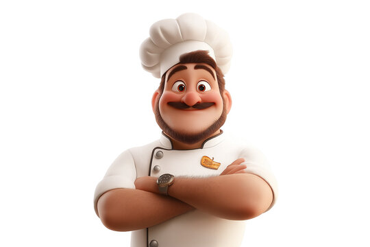 Cartoon style chef character. This chef has a confident and friendly pose, with arms crossed and a big smile. Wearing a traditional chef uniform. Isolated transparent background.
