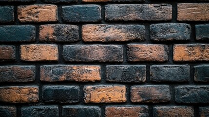 Obraz premium A close-up of a vintage brick wall with uneven, discolored bricks and mortar, creating a textured and aged look