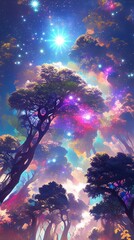 Cosmic Tree of Life: Mesmerizing 3D Fusion of Abstract Gigantic Tree and Psychedelic Colorful Galaxy. Ethereal Purple Illumination Symbolizing Cultural Beliefs, Creativity, and Universal Connection. P