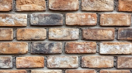 Obraz premium A close-up of a vintage brick wall with uneven, discolored bricks and mortar, creating a textured and aged look
