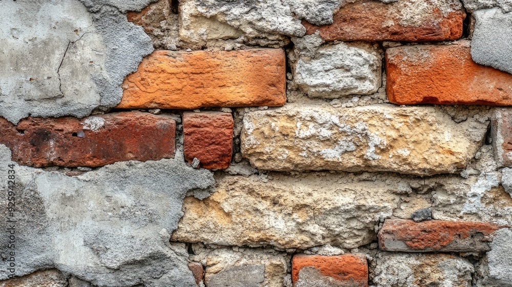 Poster a close-up of an old brick wall with a variety of textures, from smooth to rough and crumbling, addi