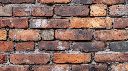 A close-up of an ancient brick wall with uneven, discolored bricks and mortar, evoking a sense of history