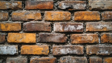Naklejka premium A close-up of an ancient brick wall with uneven, discolored bricks and mortar, evoking a sense of history
