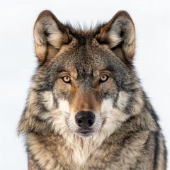 Obraz premium A majestic wolf gazes directly at the camera with piercing eyes. The image captures the beauty and power of this wild animal. It is ideal for wildlife enthusiasts and education. AI.