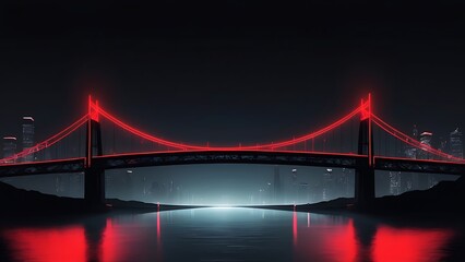 Obraz premium Redlit suspension bridge in city skyline reflecting water. Perfect for travel brochures, urban landscapes, architecture websites, and citythemed designs. 