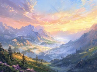 A breathtaking landscape showcasing majestic mountains bathed in soft sunlight, surrounded by lush greenery